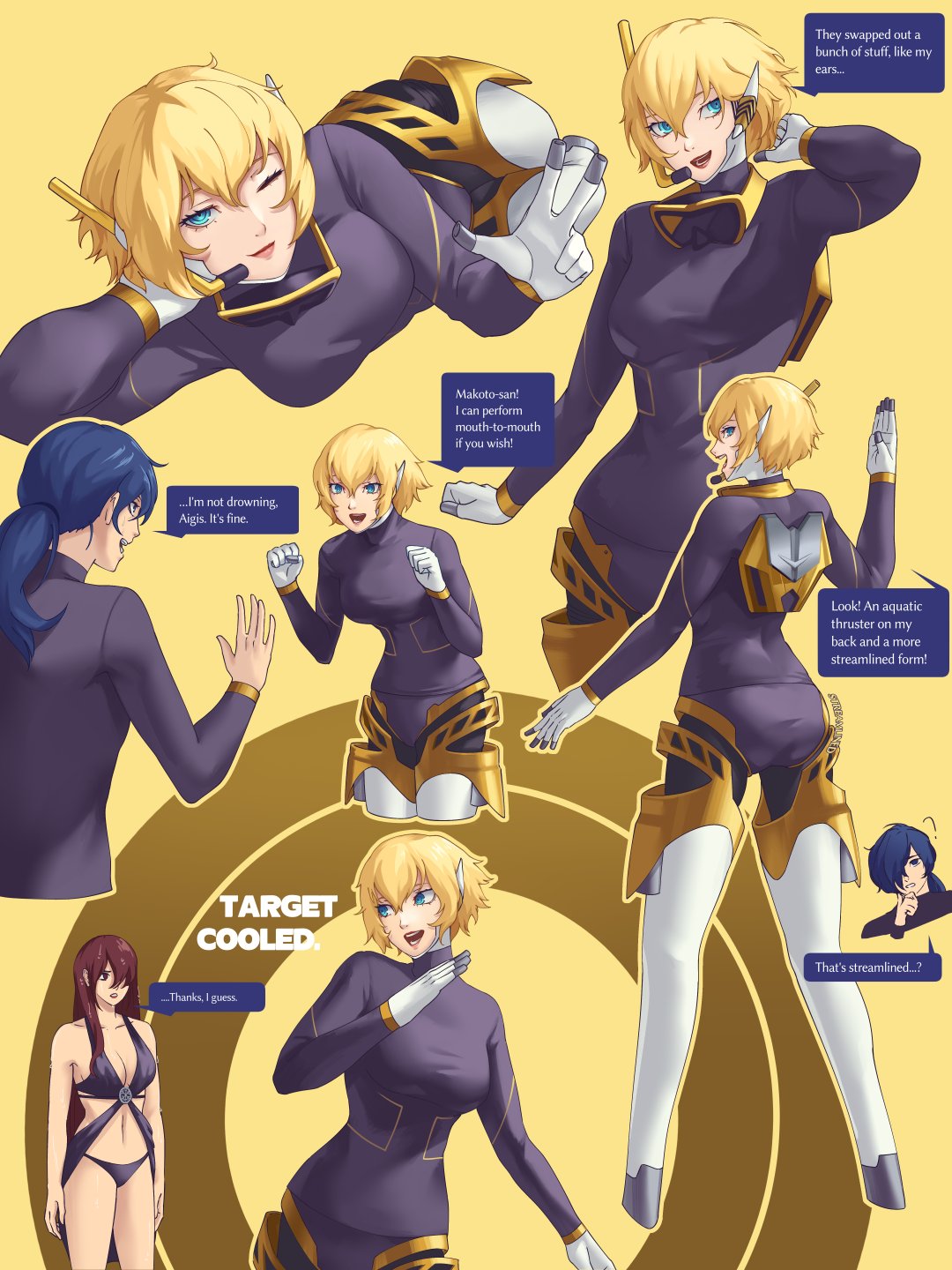 1boy, 2girls, aged_up, aigis_(persona), alternate_hair_length, alternate_hairstyle, android, bikini