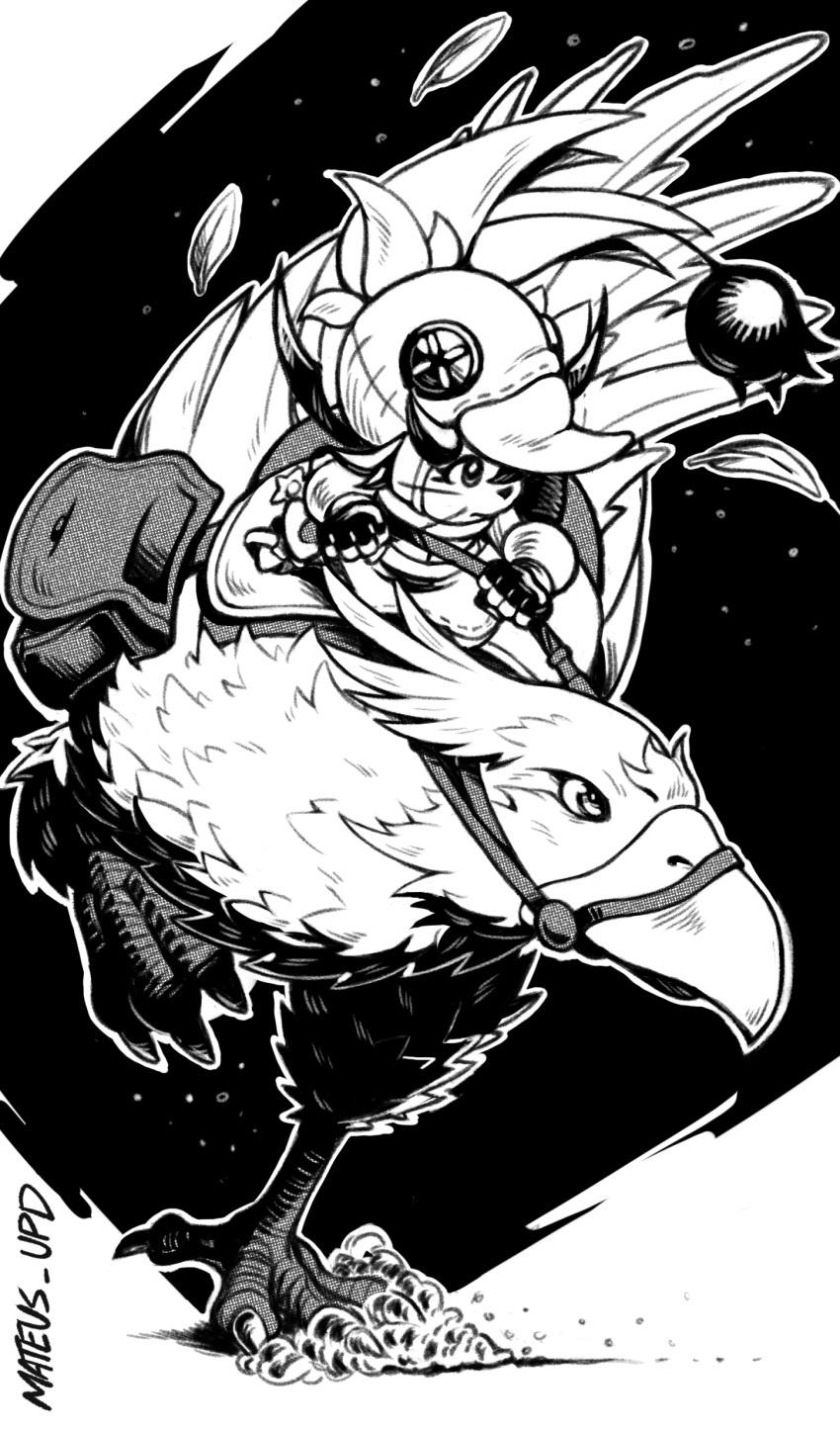 absurdres, bag, bird, bird_hood, chocobo, chocobo_racing, dust, feathers