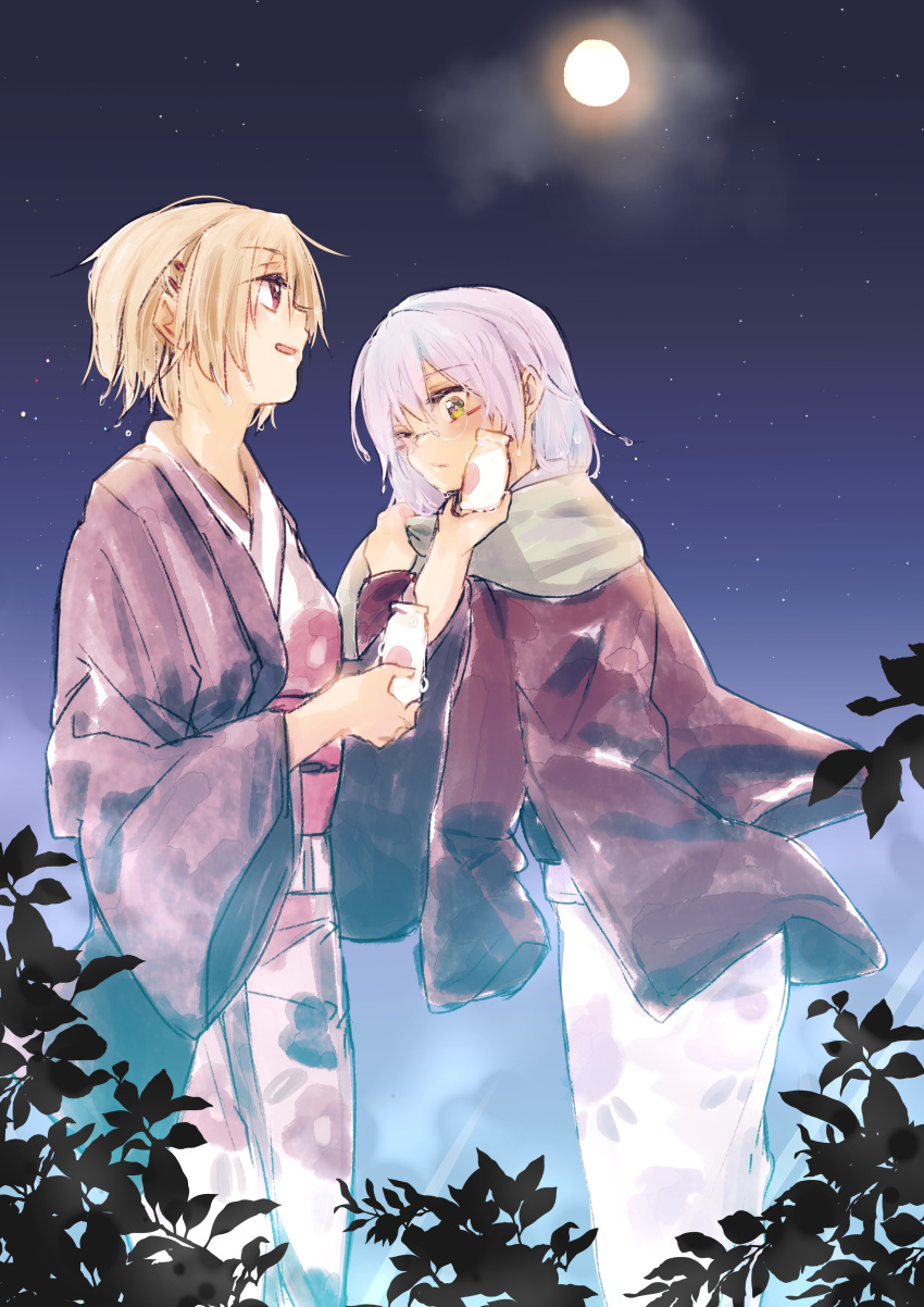 2girls, absurdres, blonde_hair, bottle, dometan0_0, glasses, green_eyes, grey_hair
