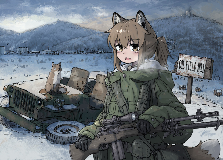 absurdres, animal_ear_fluff, animal_ears, battle_rifle, black_gloves, blush, brown_eyes, brown_hair
