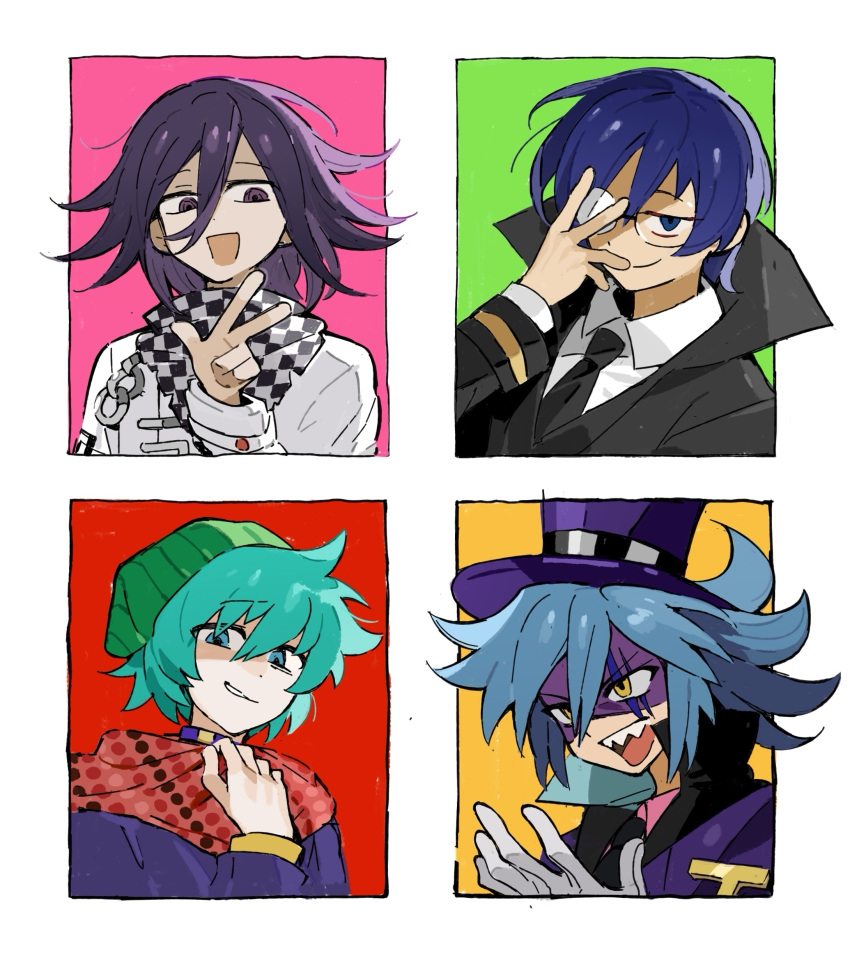 4boys, absurdres, adjusting_eyewear, aqua_eyes, aqua_hair, beanie, black_doctor, black_jacket