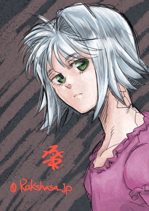 1girl, cyborg, expressionless, green_eyes, hair_intakes, pink_shirt, portrait, r-type