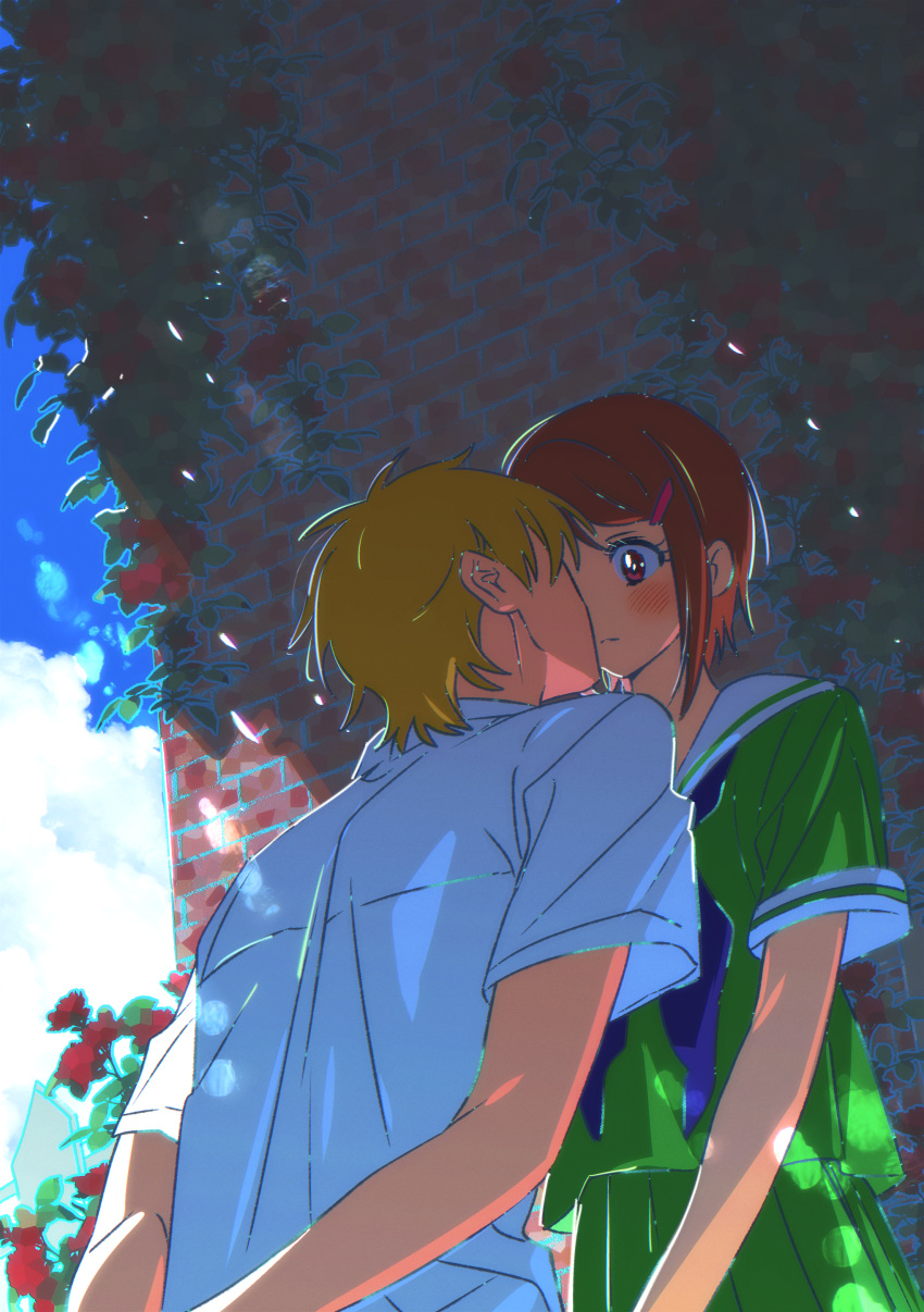 1boy, 1girl, absurdres, blonde_hair, blush, brown_eyes, brown_hair, couple