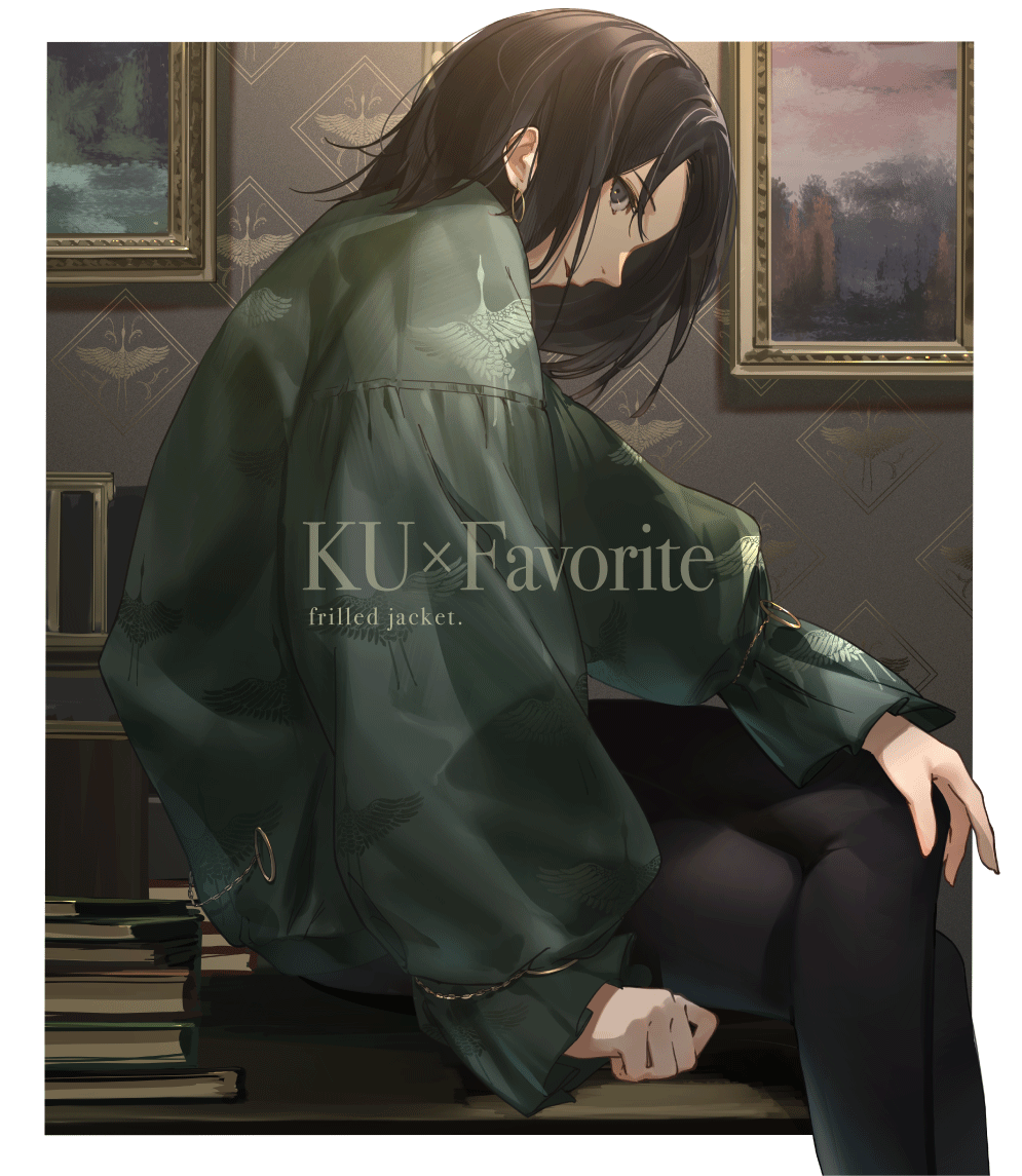 1boy, artist_name, black_eyes, black_hair, black_pants, book, book_stack, border, earrings, english_commentary, english_text, favorite_(company), frilled_jacket, frills, green_jacket, jacket, jewelry, looking_at_viewer, male_focus, mixed-language_commentary, oekaki_taro, official_art, original, outside_border, painting_(object), pants, profile, solo, white_border