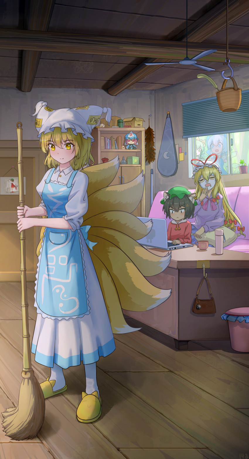 5girls, absurdres, against_glass, alternate_costume, anger_vein, animal_ears, apron, bag
