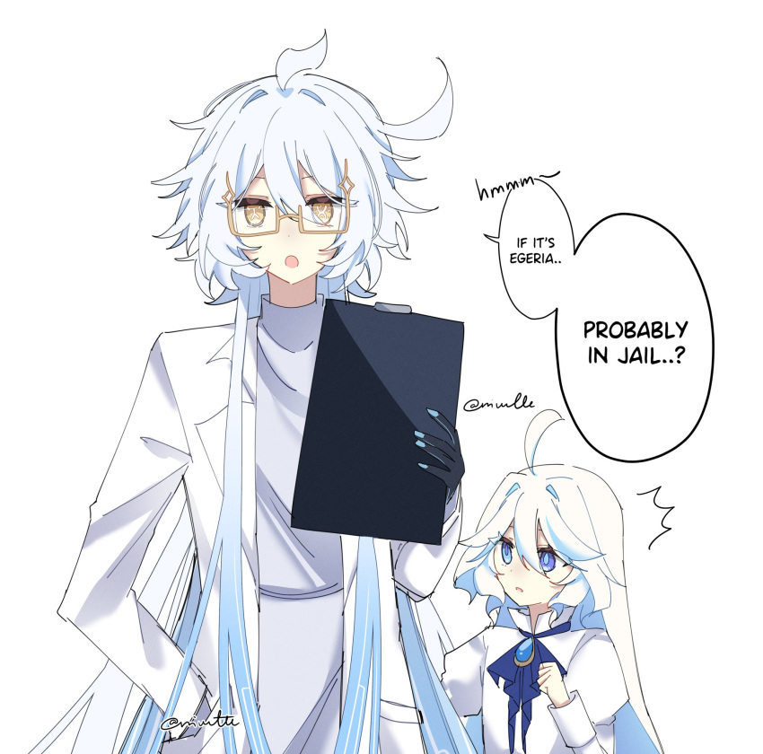 2girls, ahoge, antenna_hair, artist_name, black_skin, blue_nails, clipboard, coat