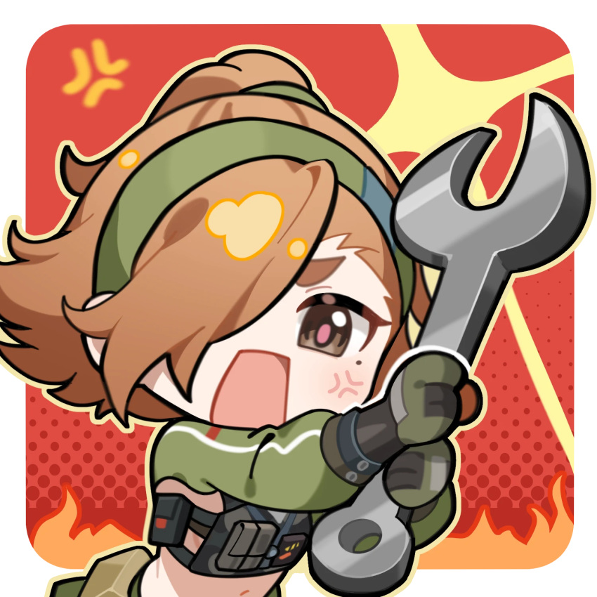 1girl, anger_vein, angry, artist_request, balthilde_(girls'_frontline_2), brown_eyes, bulletproof_vest, chibi