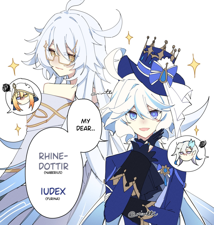 1boy, 3girls, ahoge, antenna_hair, artist_name, bare_shoulders, behind_another, black_gloves