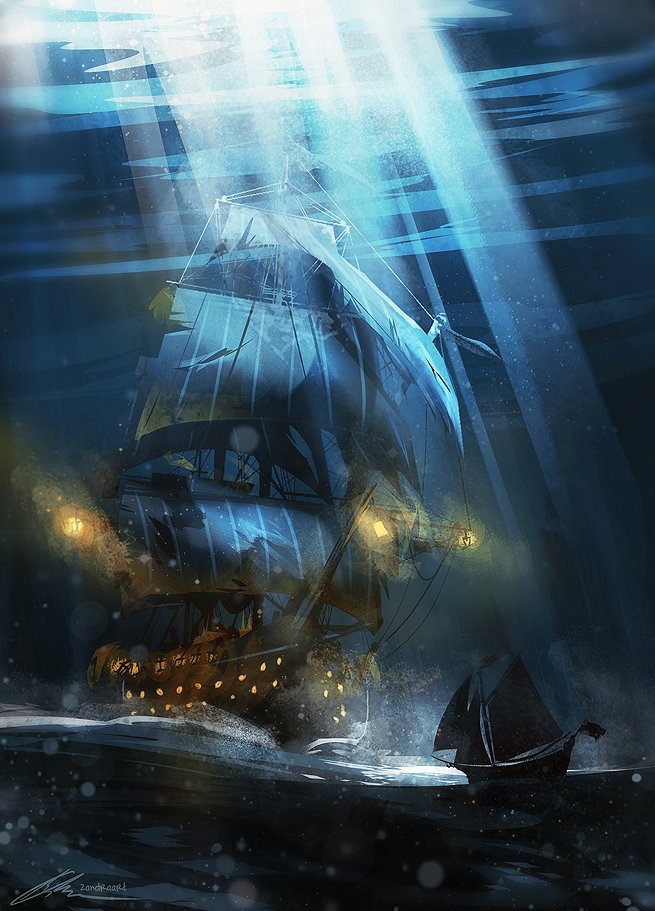 artist_name, boat, dark, landscape, lantern, light_rays, no_humans, ocean