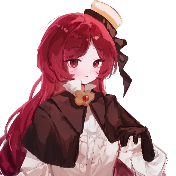 1girl, cookie_run, cookie_run:_kingdom, gloves, holding, humanization, linzer_cookie, long_hair, long_sleeves, looking_at_viewer, red_eyes, red_hair, shirt, short_hair, skirt, smile, solo, user_hgcn3234, white_shirt