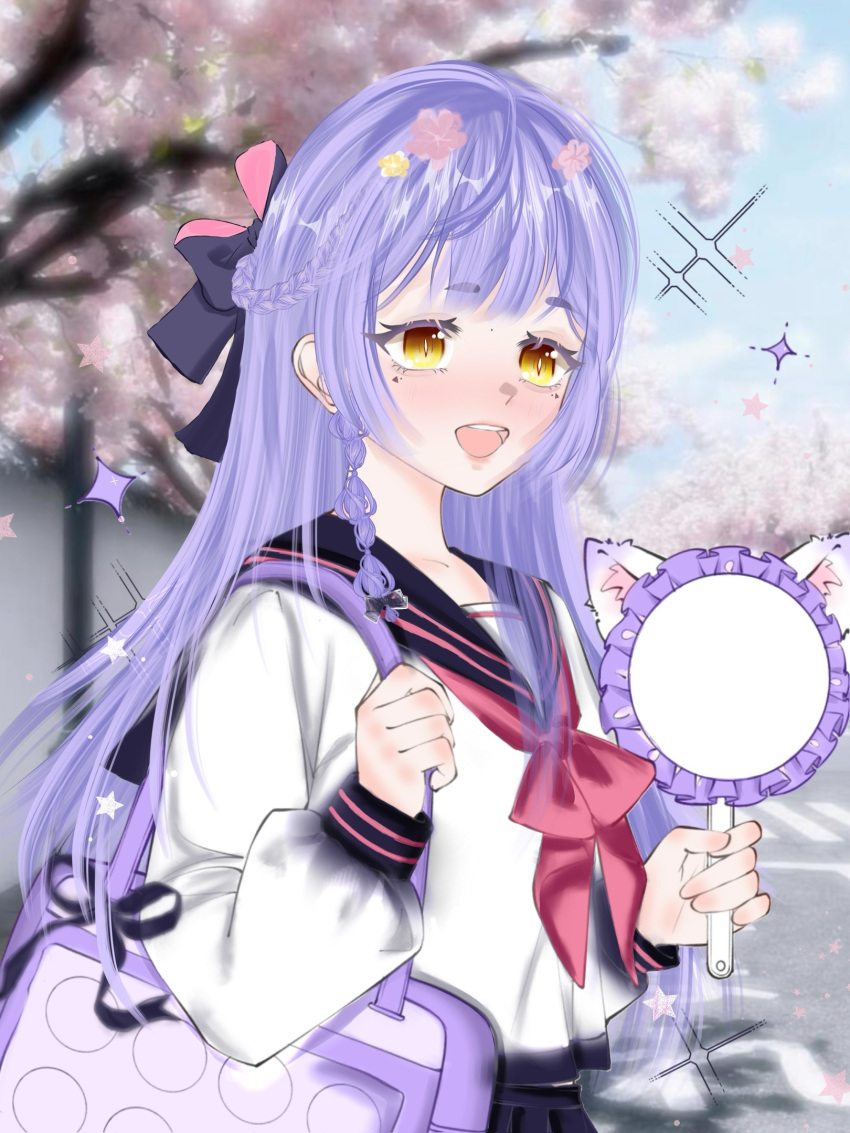 1girl, azusa_(vtuber), badge, bag, blue_hair, braid, button_badge, cherry_blossoms