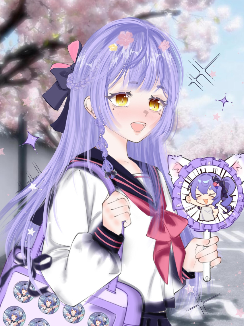 1girl, azusa_(vtuber), badge, bag, blue_hair, braid, button_badge, cherry_blossoms