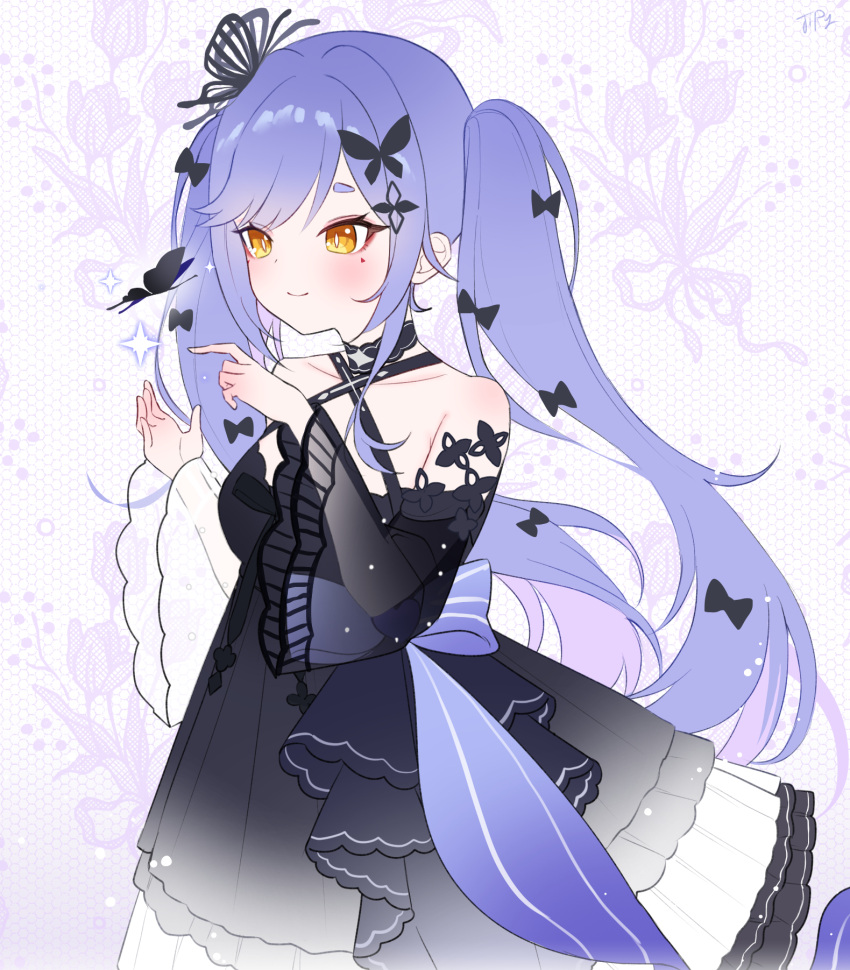 1girl, azusa_(vtuber), bare_shoulders, blue_hair, bug, butterfly, dress, frilled_dress