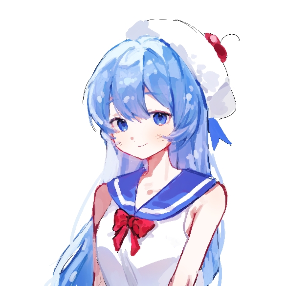 1girl, blue_eyes, blue_hair, blue_pantyhose, blue_sailor_collar, cherry, cherry_hair_ornament, cherry_hat_ornament, cookie_run, cookie_run:_tower_of_adventures, cream_soda_cookie, dress, food, food-themed_hair_ornament, food-themed_hat, fruit, hair_ornament, hat, humanization, liquid_hair, long_hair, looking_at_viewer, pantyhose, sailor_collar, simple_background, smile, solo, user_hgcn3234, very_long_hair, white_background, white_dress, white_hat