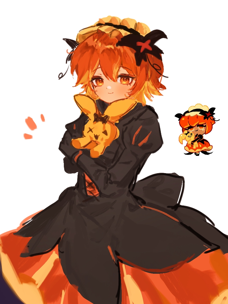 1girl, bow, closed_mouth, cookie_run, cookie_run:_kingdom, dress, hairband, holding, humanization, juliet_sleeves, long_sleeves, looking_at_viewer, orange_eyes, orange_hair, puffy_sleeves, pumpkin_pie_cookie, short_hair, smile, solo, stuffed_animal, stuffed_toy, user_hgcn3234