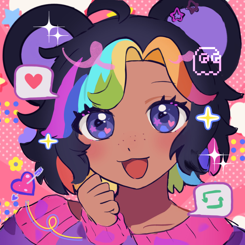 1girl, :3, ahoge, akiko_141, animal_ear_piercing, animal_ears, arrow_through_heart, bear_ears, black_hair, blinky_(pac-man), blonde_hair, blue_eyes, blue_hair, bob_cut, borrowed_character, clenched_hand, colored_bangs, colored_inner_hair, commission, curtained_hair, dark-skinned_female, dark_skin, earrings, flower_symbol, freckles, green_hair, halftone, halftone_background, hand_up, happy, heart, heart_in_eye, highres, jewelry, light_blush, long_sleeves, looking_ahead, multicolored_hair, open_mouth, orange_hair, original, pac-man, pink_background, pink_hair, pink_trim, portrait, purple_hair, purple_sweater, reblog_icon, red_hair, second-party_source, side_part, sleeves_past_wrists, solo, sparkle, spoken_heart, star_(symbol), star_earrings, star_in_eye, sweater, symbol_in_eye, unfinished