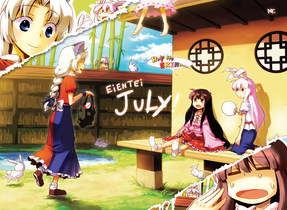 bamboo, barefoot, black_hair, blue_eyes, bunny, close-up, everyone, fan