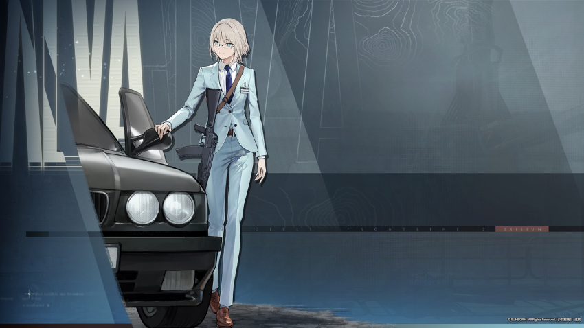 1girl, absurdres, alva_(girls'_frontline_2), an-94, an-94_(antje)_(girls'_frontline), an-94_(girls'_frontline), artist_request, assault_rifle, belt, blonde_hair, blue_pants, bmw, bmw_5_series, bmw_e34, brown_shoes, car, copyright_notice, girls'_frontline_2:_exilium, girls_frontline, glasses, gun, highres, long_hair, motor_vehicle, necktie, official_art, official_wallpaper, pants, pen, rifle, second-party_source, shirt, shoes, suit, weapon, white_shirt