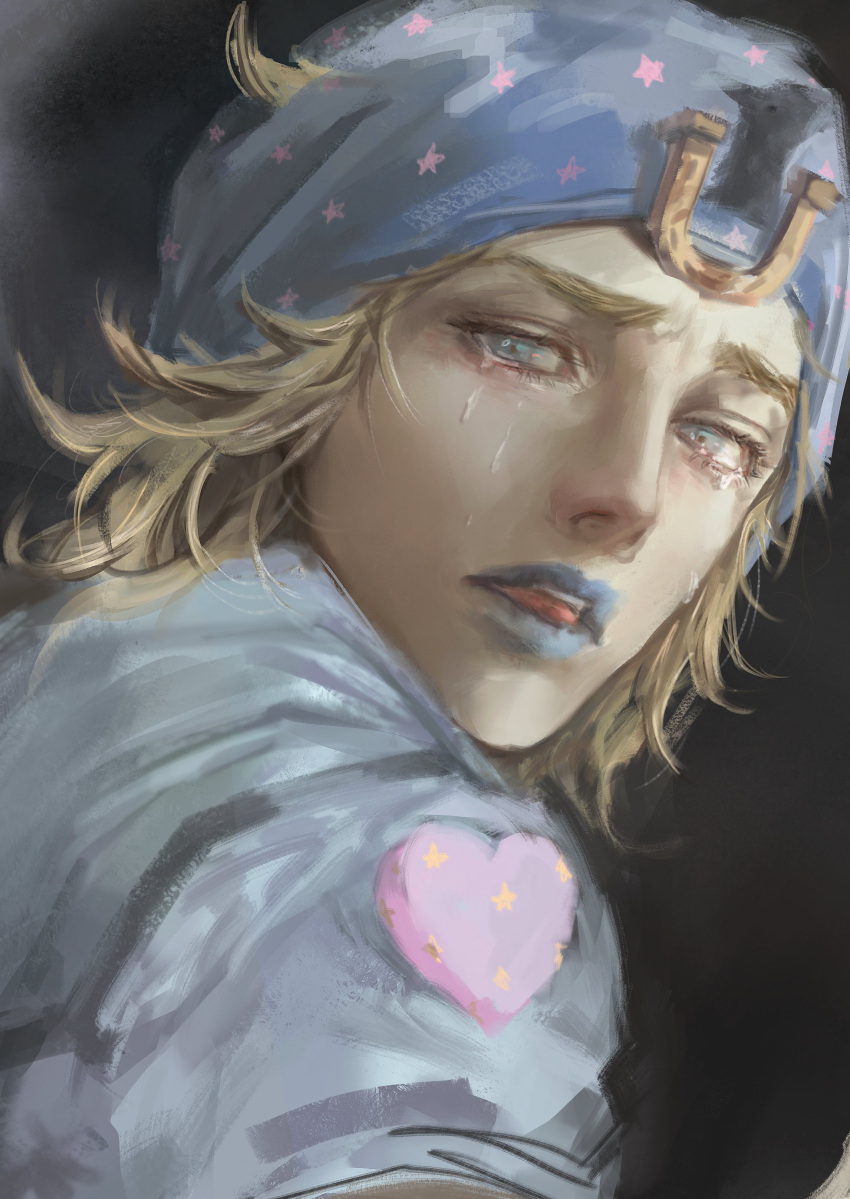 1boy, absurdres, black_background, blonde_hair, blue_eyes, blue_lips, blue_shirt, crying
