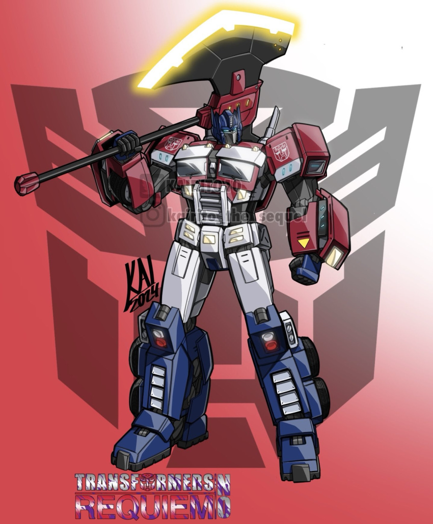 1boy, autobot, axe, battle_axe, blue_eyes, energon, highres, holding, holding_axe, holding_weapon, insignia, kairito10, machine, machinery, mecha, mecha_focus, no_humans, optimus_prime, over_shoulder, robot, robot_boy, science_fiction, solo, transformers, transformers_(marvel), weapon, weapon_over_shoulder