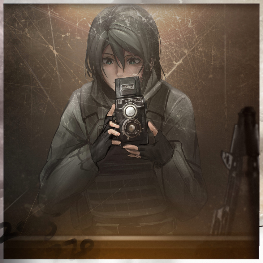 1girl, absurdres, ayou_(aukuamani), black_gloves, black_hair, blue_eyes, bulletproof_vest, camera