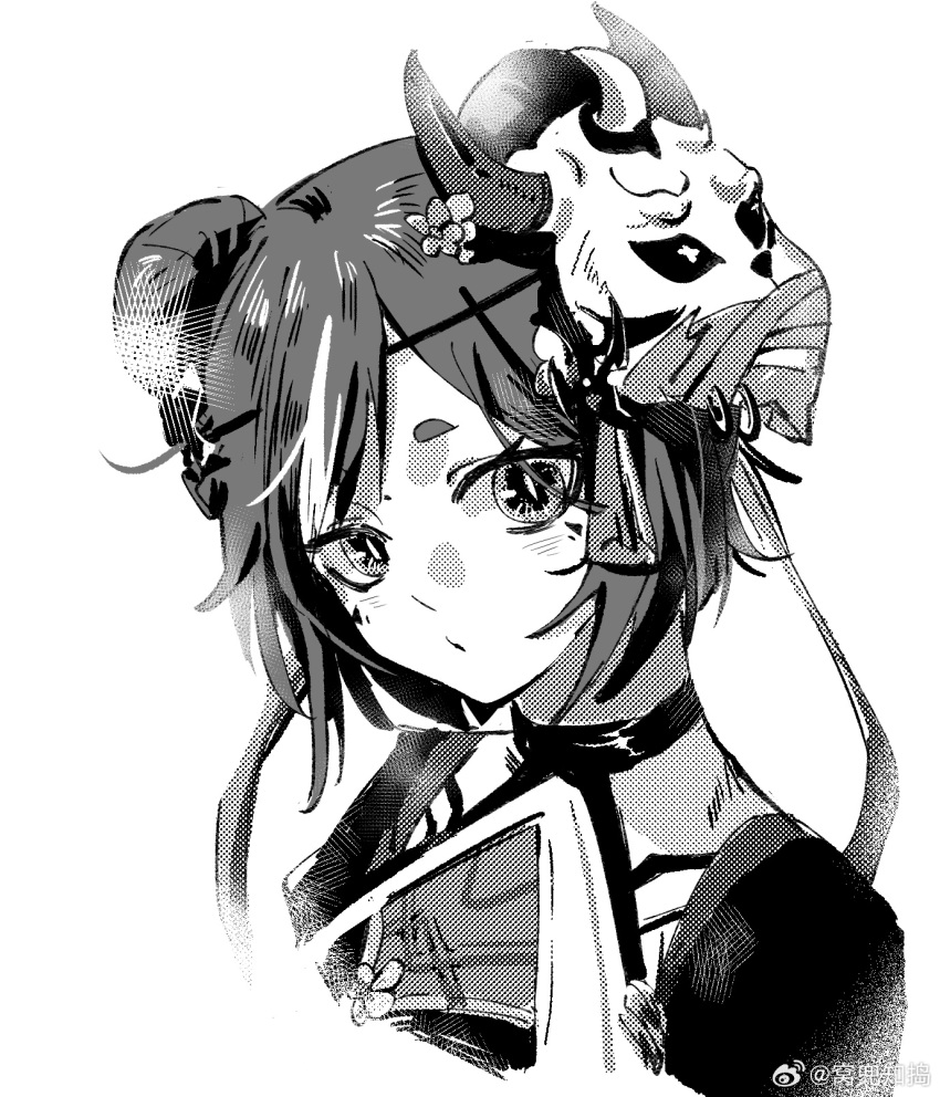 1girl, azusa_(vtuber), cropped_torso, double_bun, facial_mark, greyscale, hair_bun, hatching_(texture)