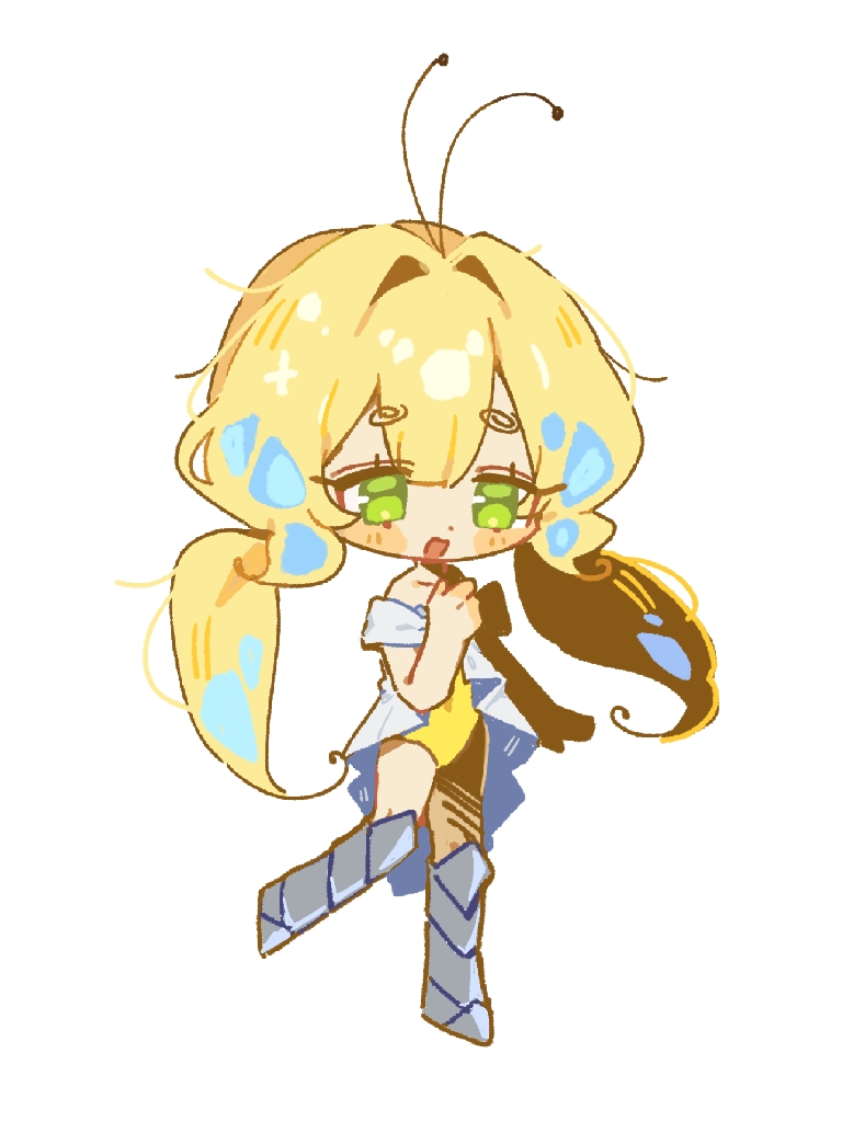 1girl, antenna_hair, armored_boots, blonde_hair, boots, butterfly_wings, colored_skin, cookie_run