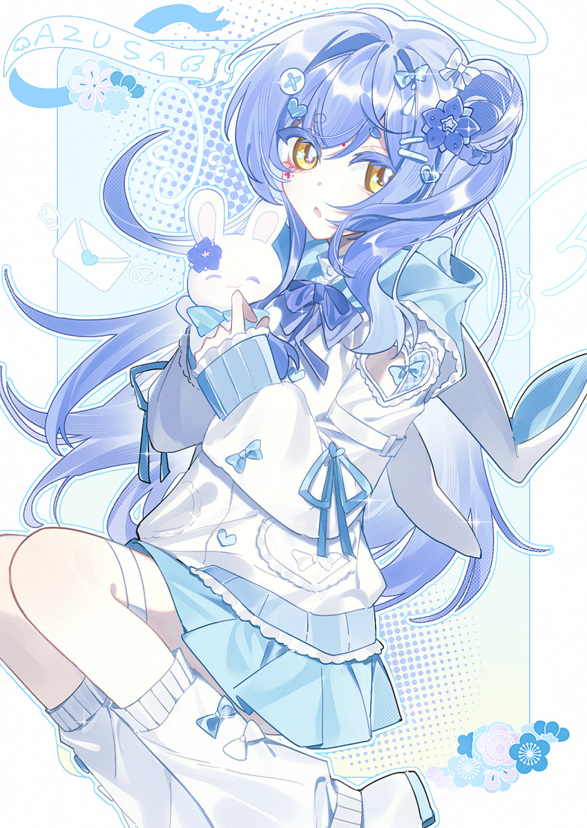 1girl, azusa_(vtuber), blue_hair, blue_skirt, blue_theme, character_name, halo, highres, jacket, kao_yixia_zai_chi, knees_up, long_hair, looking_at_viewer, loose_socks, nijisanji, official_alternate_costume, orange_eyes, outside_border, skirt, socks, solo, virtual_youtuber, virtuareal, virtuareal_link, white_jacket
