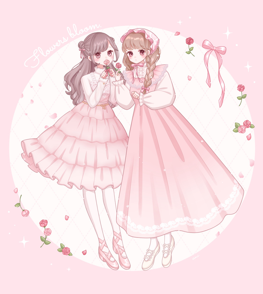 2girls, absurdres, ari_(oonmnmooo), blush, braid, brown_hair, center_frills, commentary