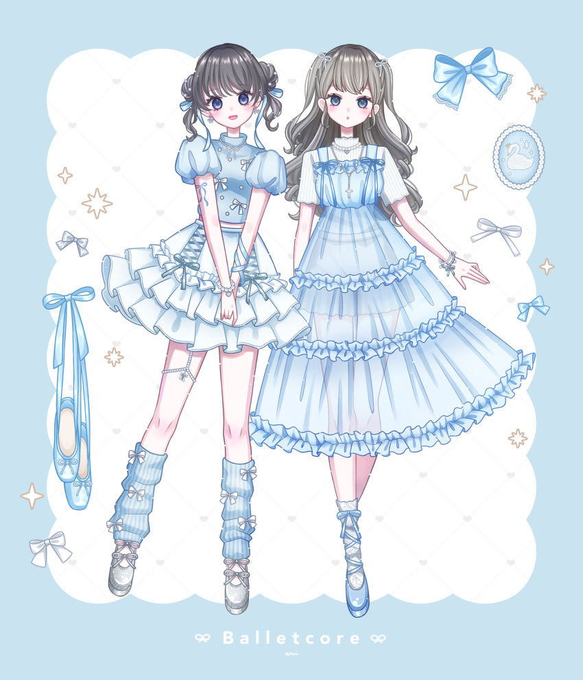 2girls, :d, absurdres, ari_(oonmnmooo), arm_tattoo, artist_name, balletcore, black_hair