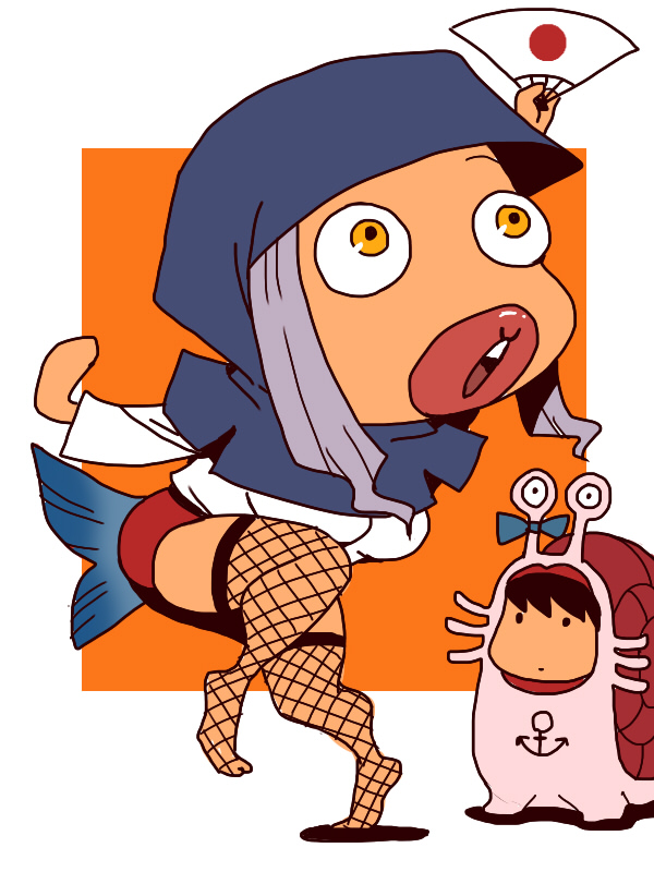 2girls, black_hair, blue_hood, buruma, chibi, chibi_only, commentary_request, cosplay