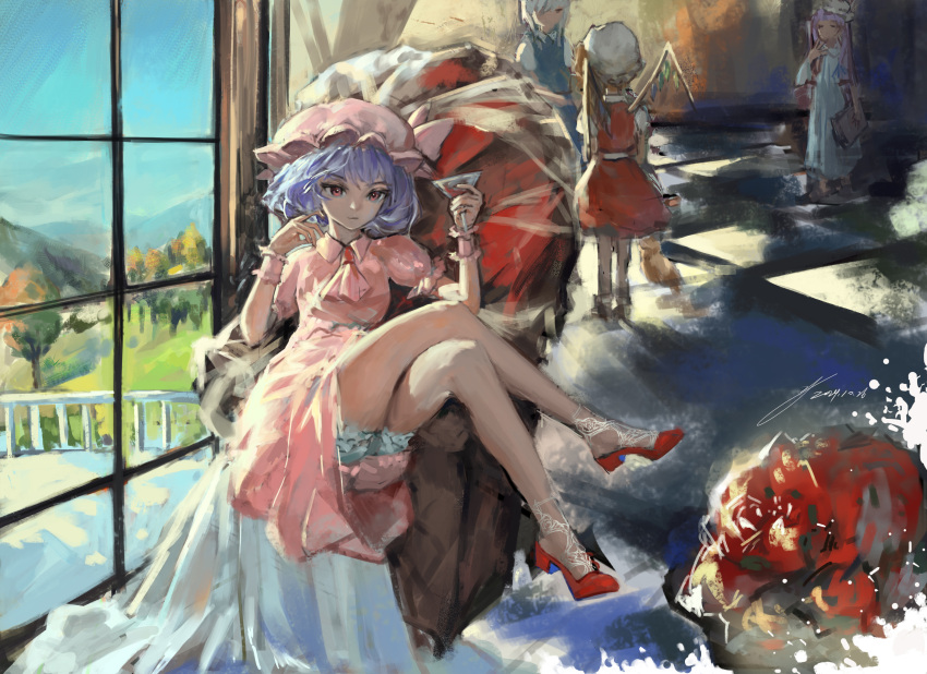 4girls, absurdres, apple, armchair, ascot, balcony, bloomers, blue_dress