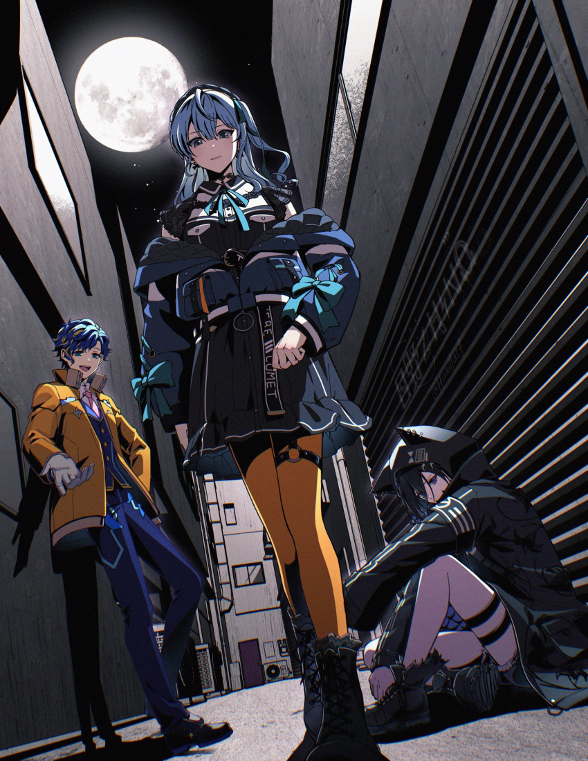 1girl, 2boys, alley, animal_hood, aqua_eyes, astel_leda, beret, black_hair