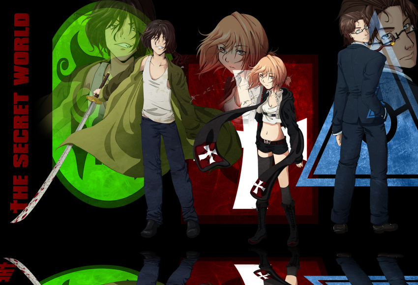 belt, blood_stained, blue_eyes, blue_suit, boots, brown_hair, cross, dragon