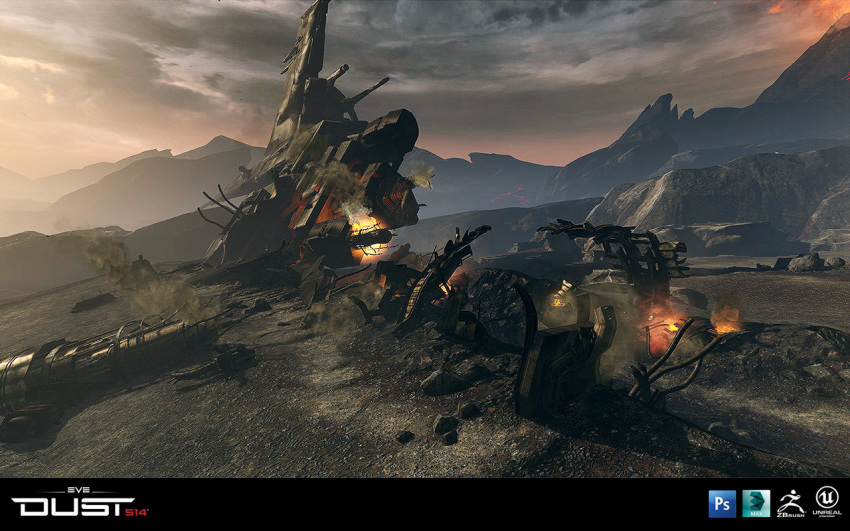3d, attack_ship_(eve_online), autodesk_3ds_max_(medium), battleship_(eve_online), burning, caldari_state_(eve_online), clouds, commentary