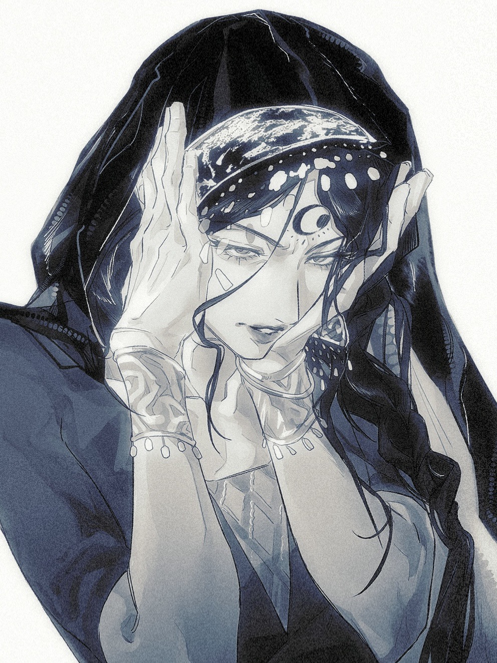 1girl, bracelet, braid, cheng_yuan, chinese_commentary, commentary_request, eyelashes, facial_mark, film_grain, forehead_mark, hair_between_eyes, hands_on_own_cheeks, hands_on_own_face, highres, jewelry, long_hair, maggie_(sultan's_game), parted_lips, simple_background, solo, sultan's_game, upper_body, variant_set, veil, white_background