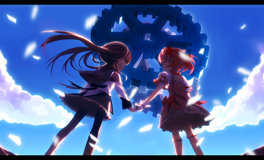 akemi_homura, alternate_hairstyle, bad_id, black_hair, black_legwear, bow, closed_eyes, eyes_closed