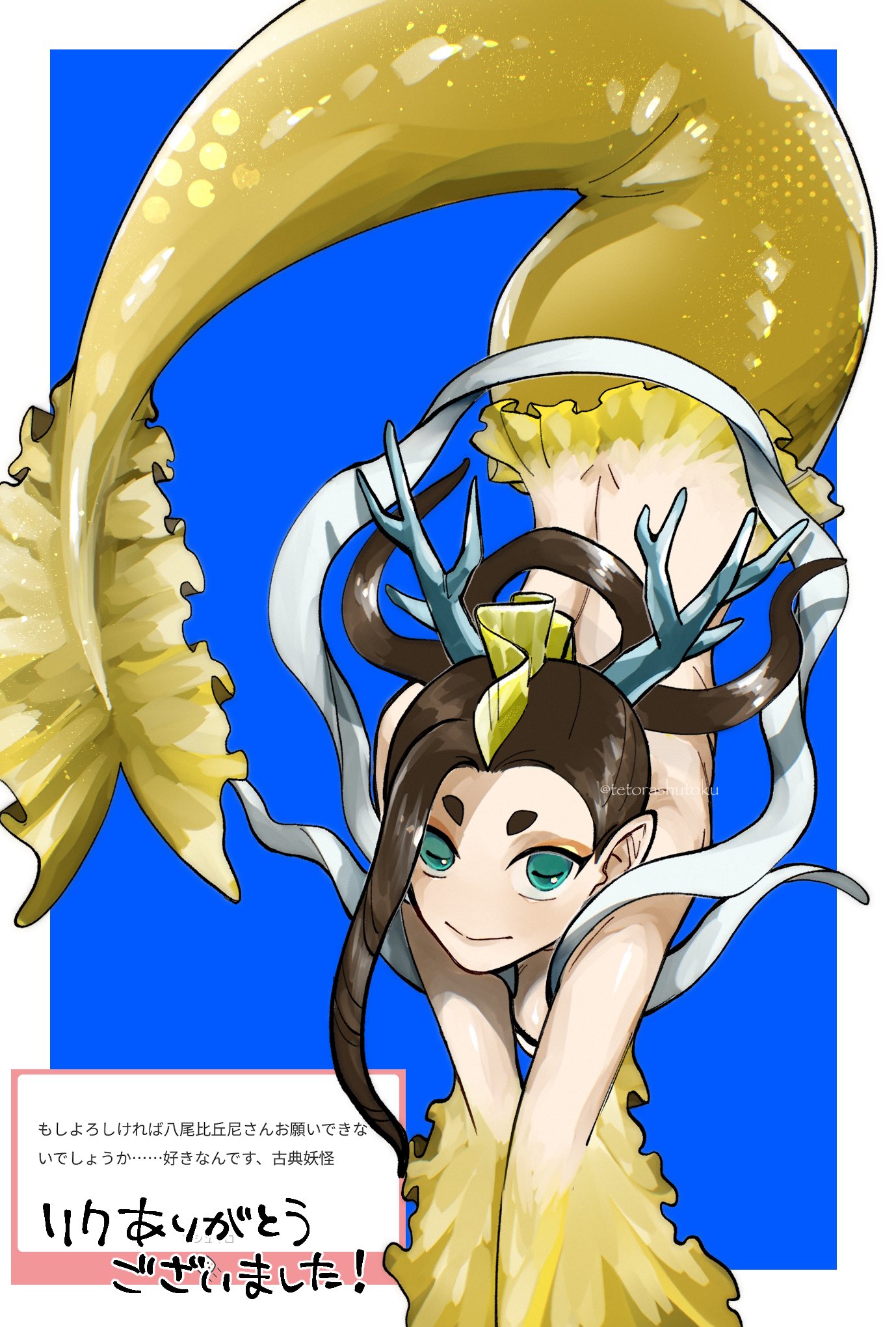 1girl, black_hair, blonde_hair, blue_background, border, highres, looking_at_viewer, mermaid