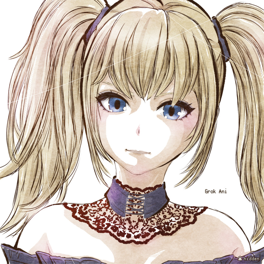 1girl, ani_(xai), artist_name, bare_shoulders, blonde_hair, blue_eyes, character_name, closed_mouth