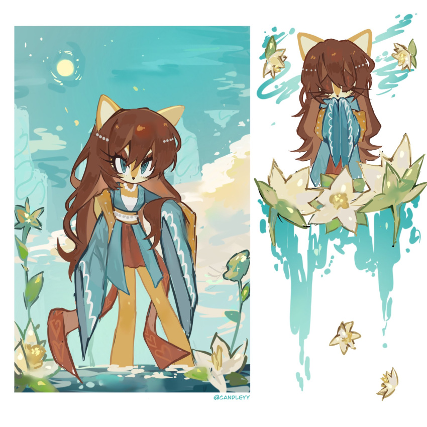 1girl, alternate_costume, alternate_hairstyle, bead_necklace, beads, blue_eyes, blue_sky, brown_hair