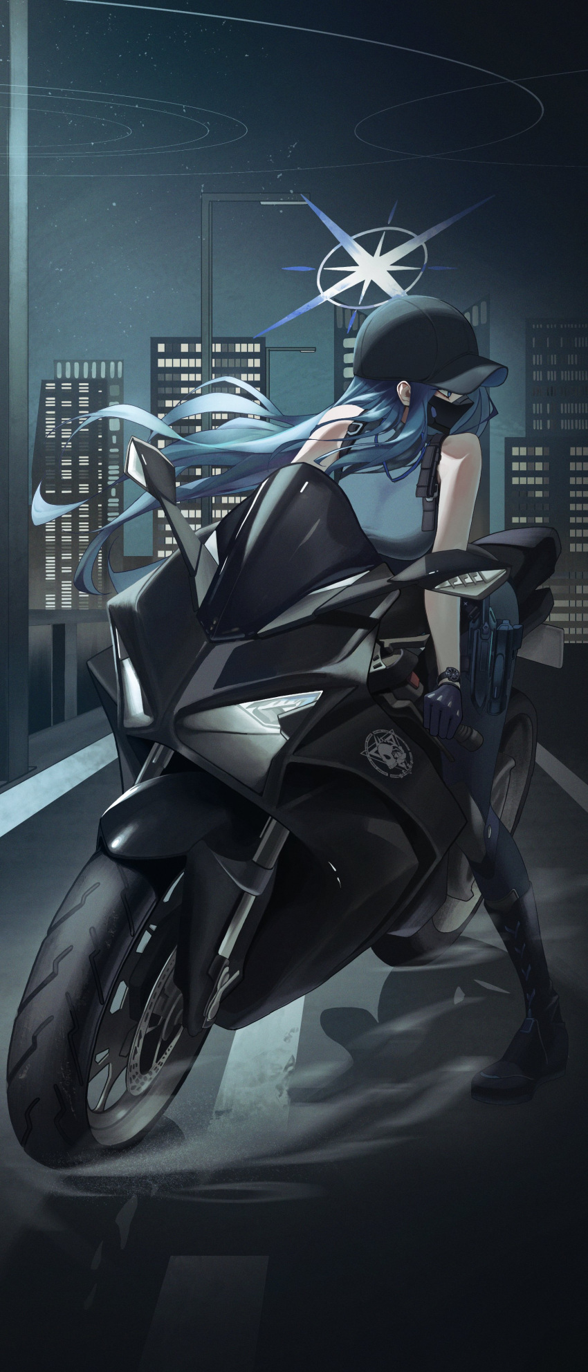 4meart0112, absurdres, baseball_cap, blue_archive, blue_hair, blue_halo, boots, buckle