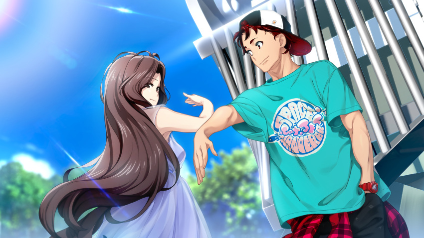 1boy, 1girl, aqua_shirt, baseball_cap, black_pants, blue_dress, blurry, blurry_background
