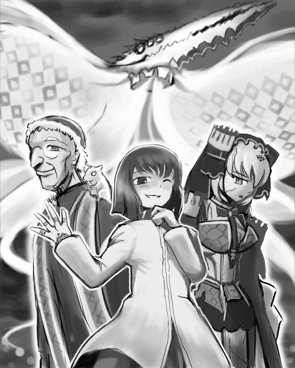 1girl, 2boys, black_hair, blush, breasts, from_side, greyscale, highres, hunter556, jewelry, manta_ray, mecha_musume, mechabare, merem_solomon, merem_solomon's_demon_of_the_left_arm, merem_solomon's_demon_of_the_left_leg, merem_solomon's_demon_of_the_right_arm, monochrome, monster, mouse_(animal), multiple_boys, multiple_rings, one_eye_closed, priest, ring, short_hair, tsukihime