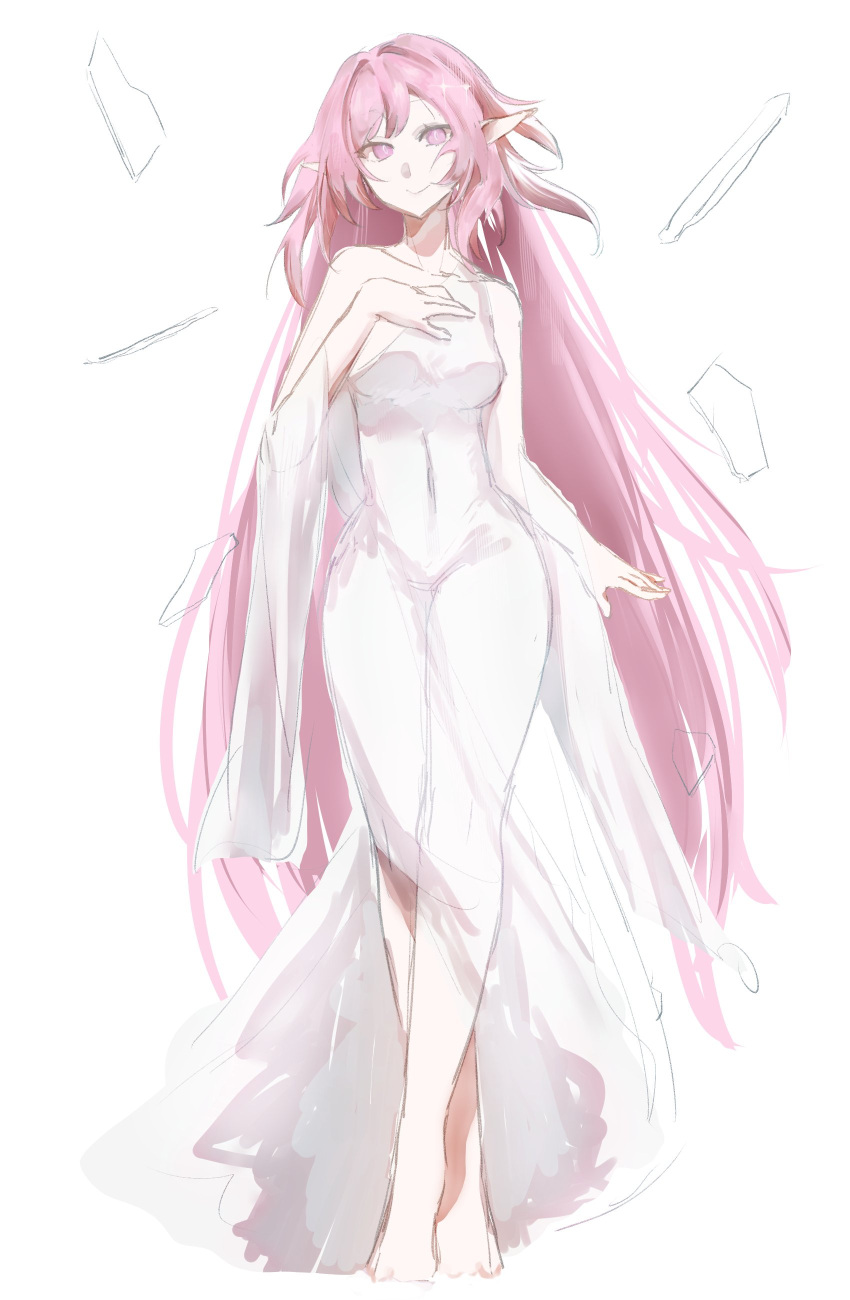 1girl, absurdres, alternate_costume, barefoot, breasts, dress, elf, elysia_(herrscher_of_human:_ego)_(honkai_impact)