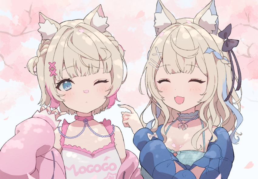 2girls, :d, ahoge, animal_ear_fluff, animal_ears, black_bow, blonde_hair, blue_camisole
