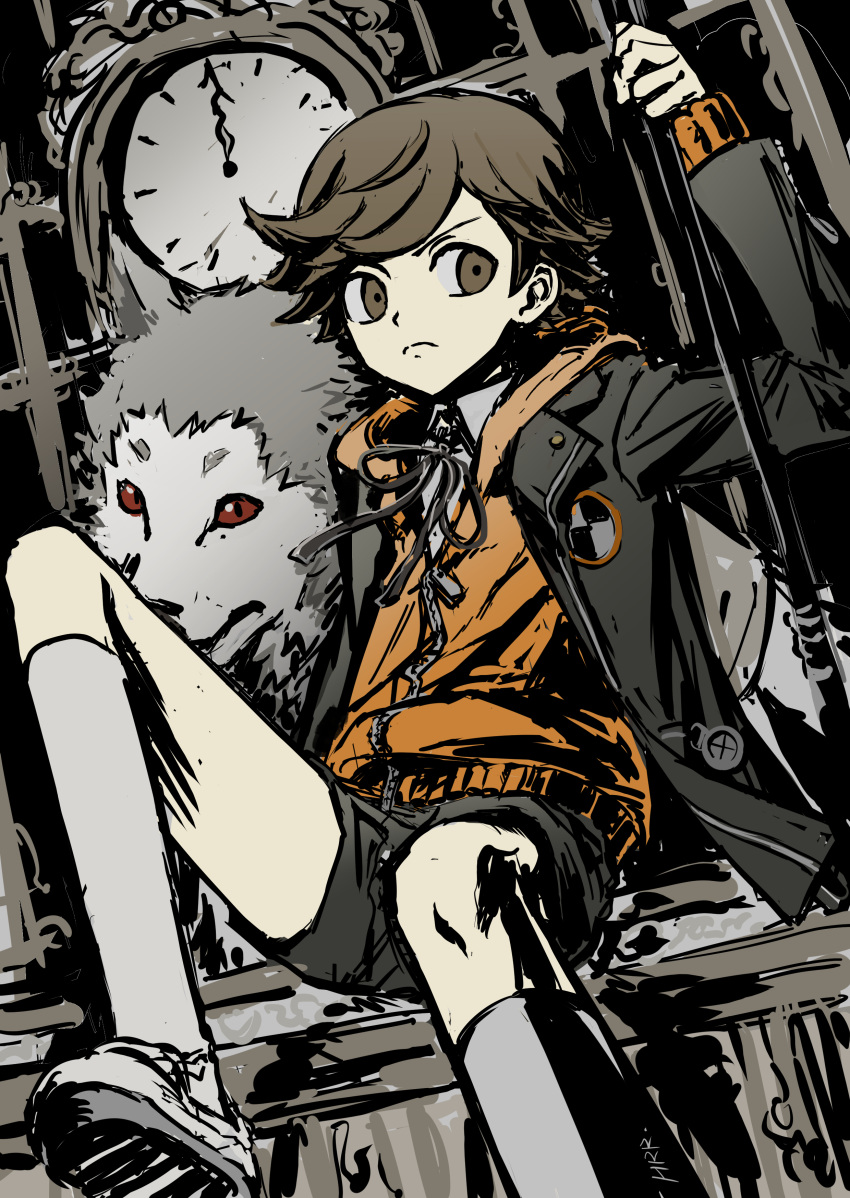 1boy, absurdres, amada_ken, animal, black_jacket, black_shorts, brown_eyes, brown_hair