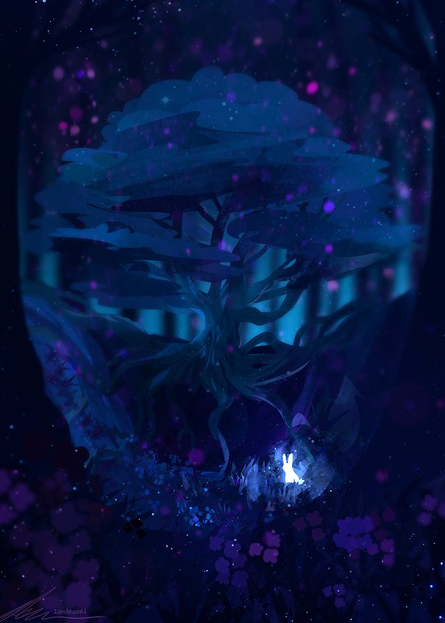 animal, artist_name, blue_theme, dark, glowing, landscape, light_particles, night