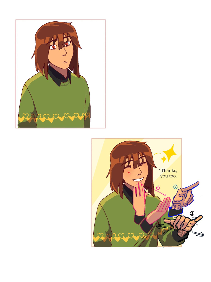 1other, androgynous, brown_hair, chara_(undertale), closed_eyes, closed_mouth, green_sweater, highres