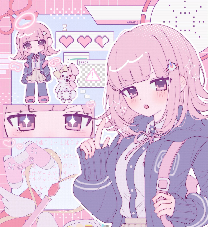 1girl, :o, ascii_art_commentary, blunt_bangs, blush, chibi, chibi_inset, controller, danganronpa_(series), danganronpa_2:_goodbye_despair, error_message, galaga, game_controller, hair_ornament, highres, jacket, long_sleeves, looking_at_viewer, medium_hair, monomi_(danganronpa), multiple_views, nanami_chiaki, open_clothes, open_jacket, open_mouth, outline, pink_eyes, pink_hair, pote_(pote_39), skirt, sleeves_past_wrists, spaceship_hair_ornament, translation_request, white_outline