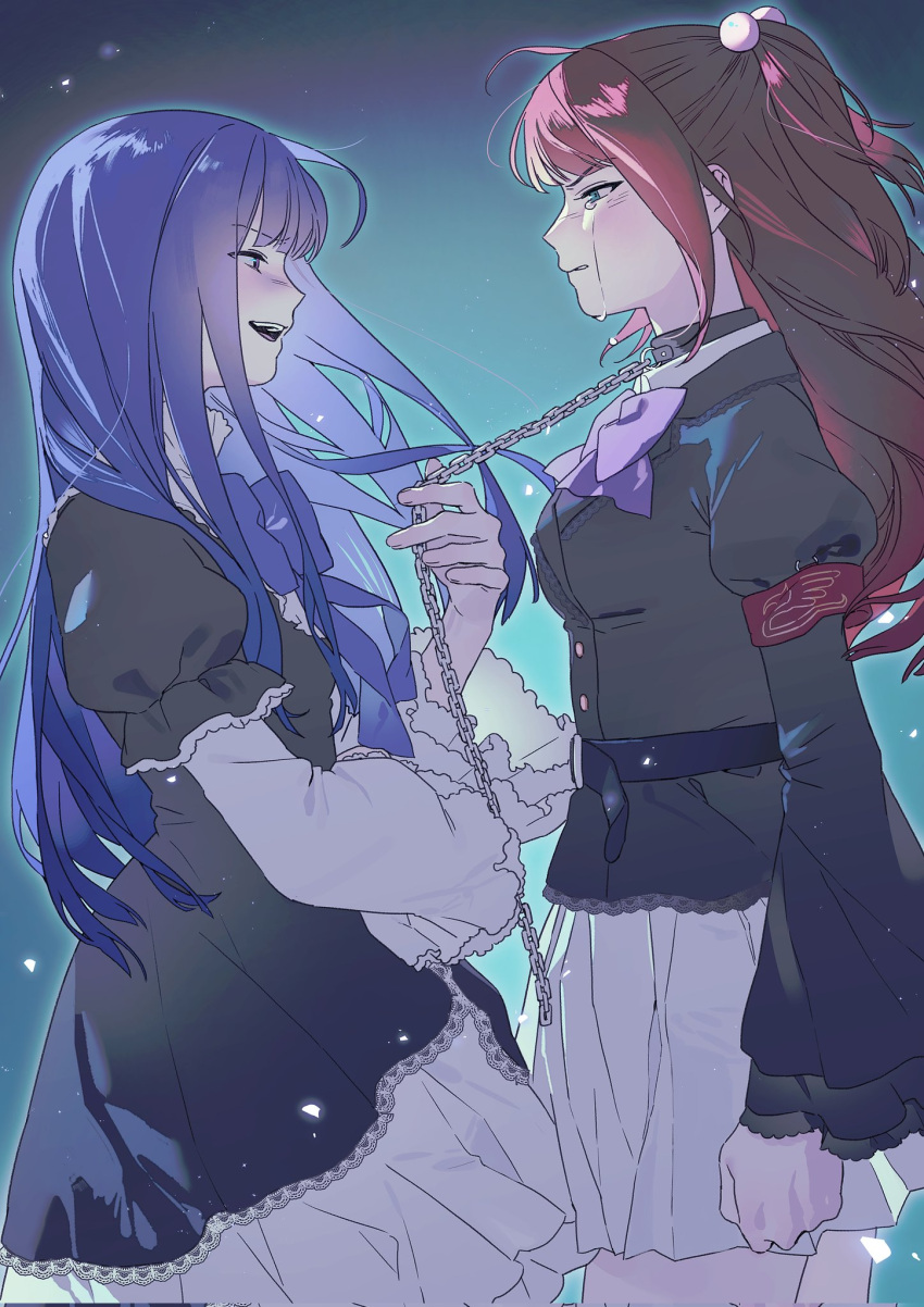 2girls, ameko0617, black_collar, black_dress, blue_hair, chain, clenched_teeth, collar, crying, dress, eye_contact, frederica_bernkastel, frilled_dress, frills, gothic_lolita, highres, holding, holding_leash, leash, lolita_fashion, long_hair, looking_at_another, loose_hair_strand, multiple_girls, open_mouth, red_hair, skirt, smile, standing, streaming_tears, tears, teeth, two_side_up, umineko_no_naku_koro_ni, ushiromiya_ange, white_skirt, wide_sleeves